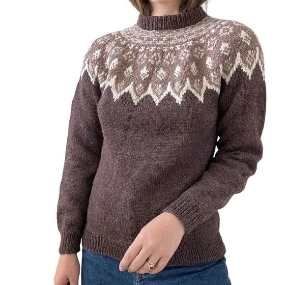 Vintage Womens Hand Knit 100% Wool Brown Fair Isle Scandinavian Sweater Sz M - Picture 8 of 10